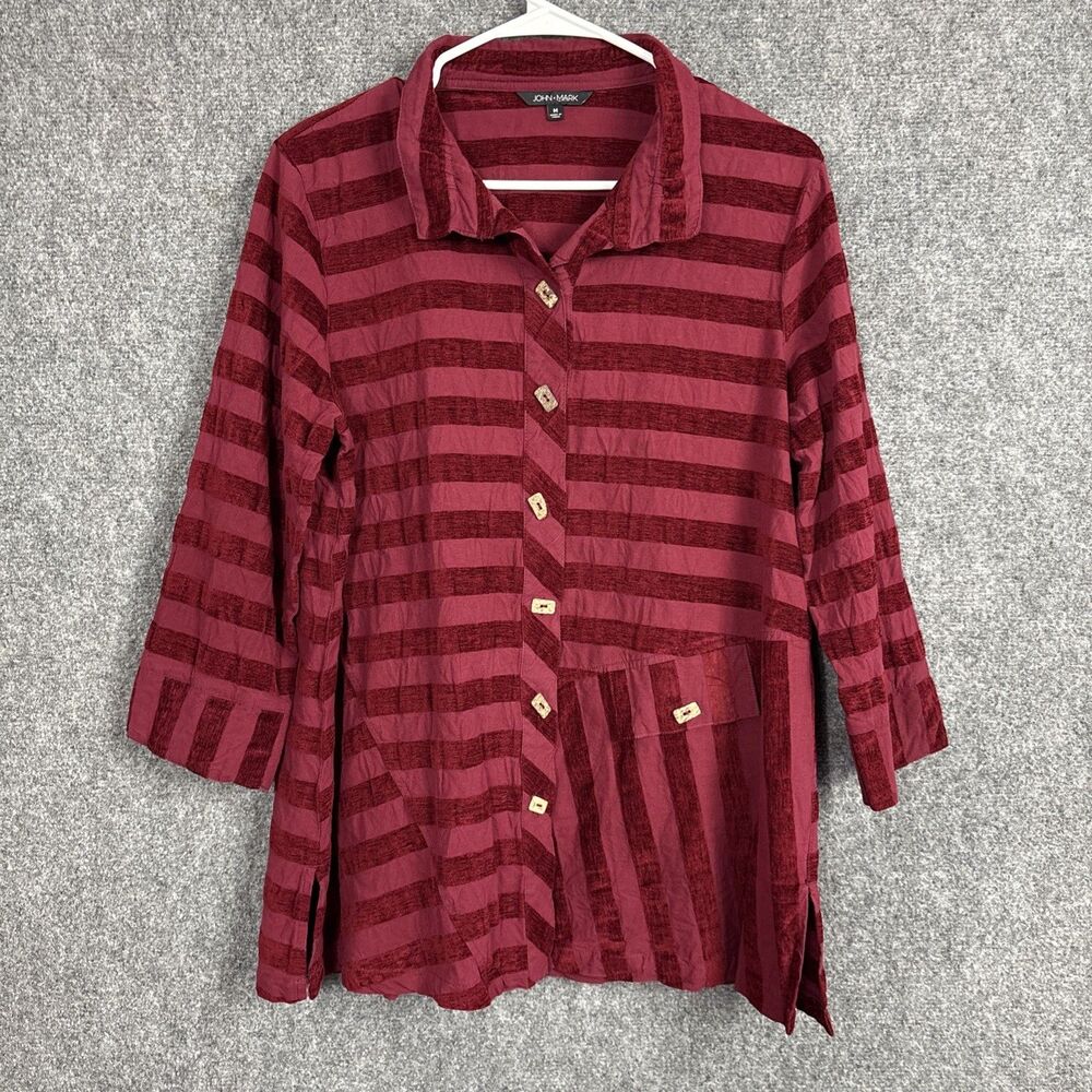 John Mark Top Blouse Womens Size M Red Striped Artsy Bold Playful